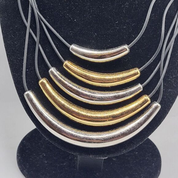 Kiam Family Silver Gold 5 layer Bib Statement Necklace 18.5in - Picture 1 of 3